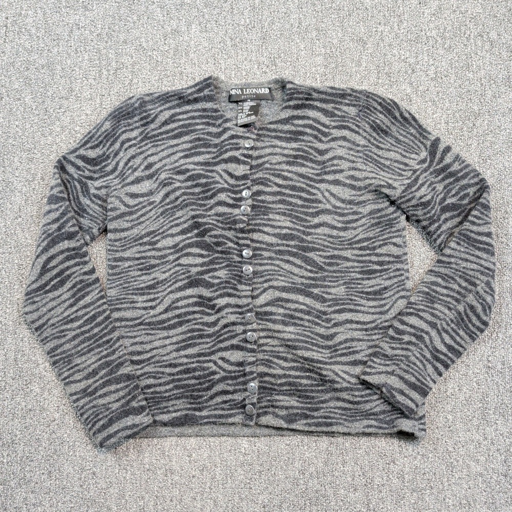 Nina Leonard‎ Y2K Zebra Cardigan PS Grey Lambswool Angora Mob Wife Fuzzy Sweater